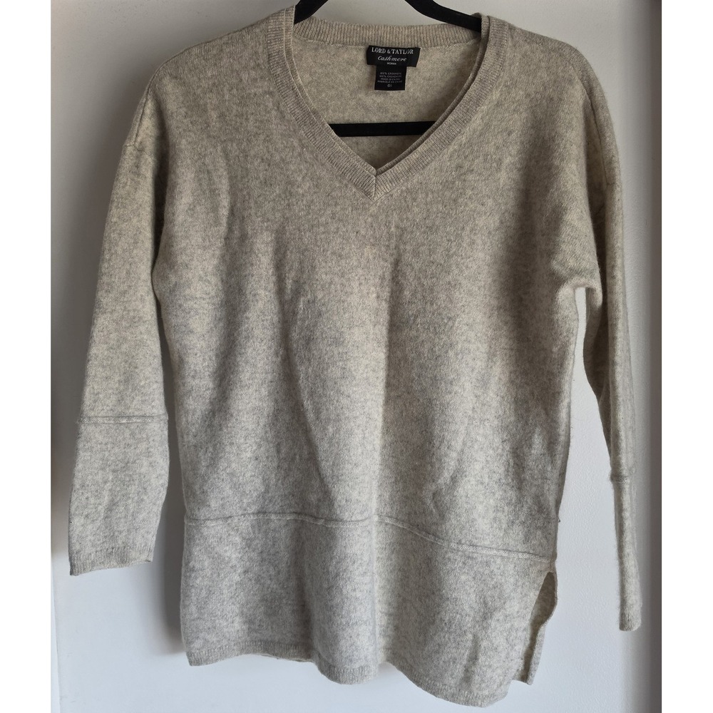 Lord & Taylor Cashmere Sweater 0X Beige V-Neck 3/4 Sleeve Pullover Classic
